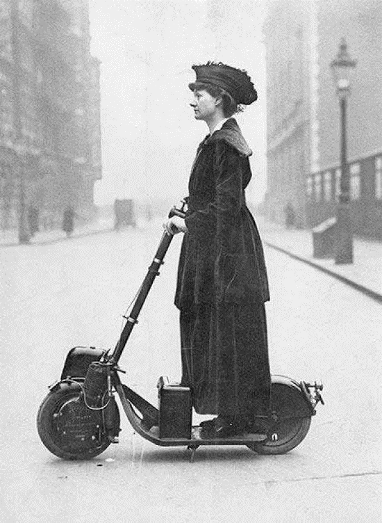 Black and white photo from 1916 of Lady Norman riding her Autoped